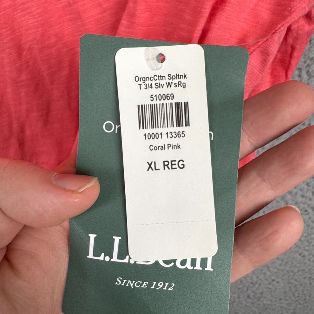 LL Bean Top Womens XL Coral Pink Organic Cotton Split Neck Tee 3/4 Sleeve - Picture 4 of 13